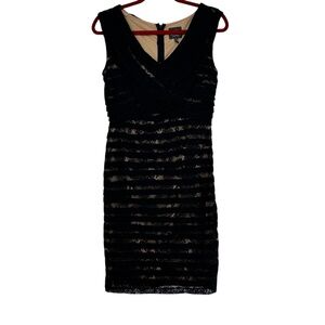 Adrianna Papell Size 8 Black Tiered Lace Nylon Dress Over Tan Polyester Lining